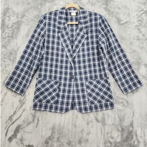 Vintage Willow Bay Blazer Womens M‎ Blue White Plaid Linen Blend Single-Button
